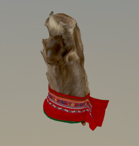 Poron koipinahkasta ommellut kintaat, joiden suulla punainen verkakaitale. Verkakaitaleeseen ommeltu värikkäitä koristenauhoja.